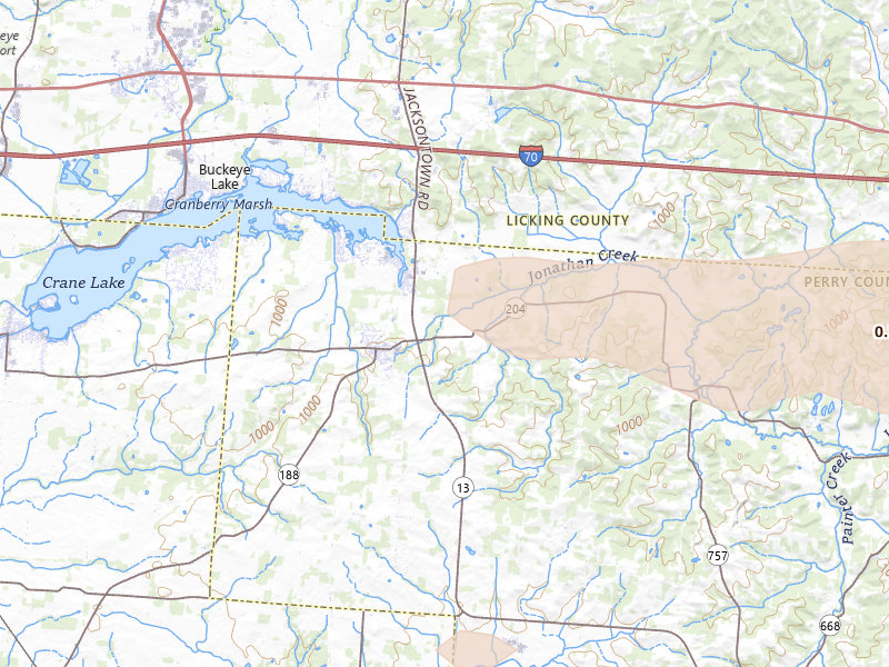Radar-estimated hail-size map of the storm over Thornville, OH on Jul 21, 2026