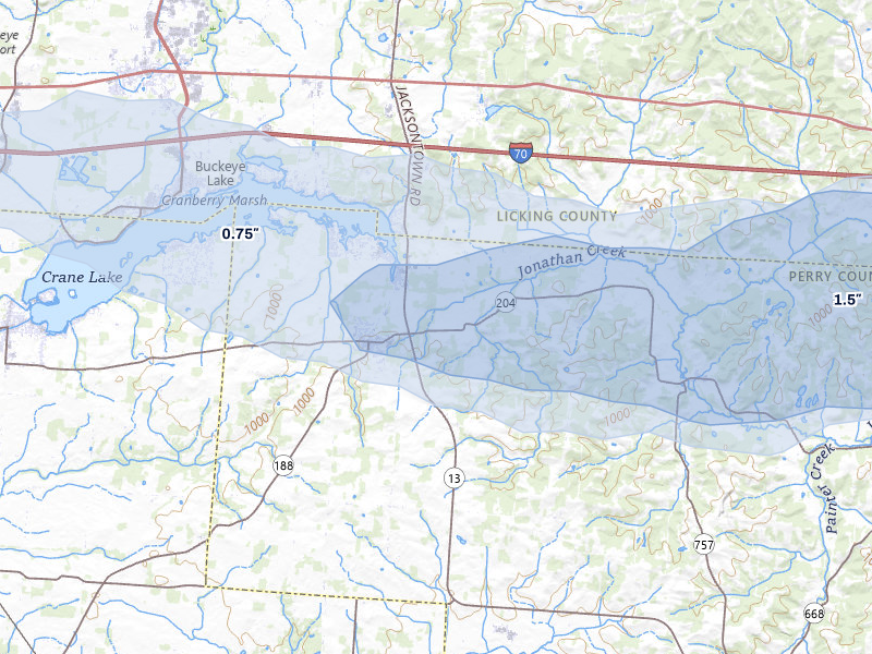 NEXRAD radar-signature map of the hail over Thornville, OH