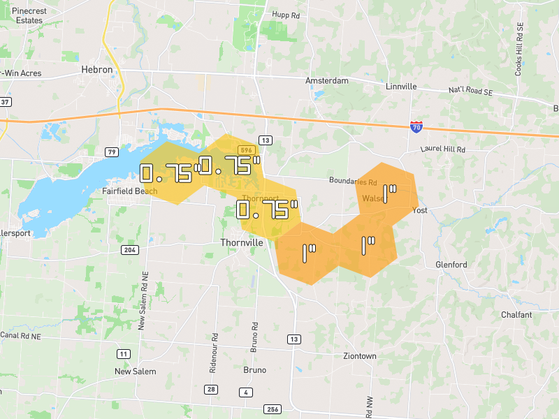 Hail map of Thornville, OH on Jul 21, 2026, hail up to 1"