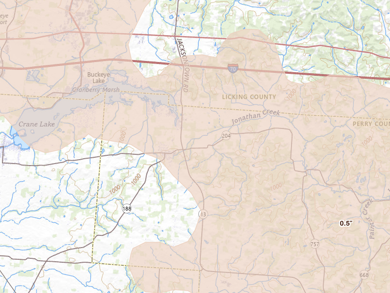 Radar-estimated hail-size map of the storm over Thornville, OH on Aug 10, 2026