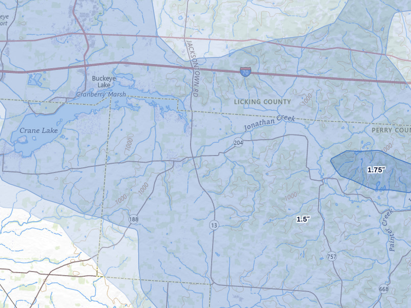 NEXRAD radar-signature map of the hail storm over Thornville, OH on Aug 10, 2026