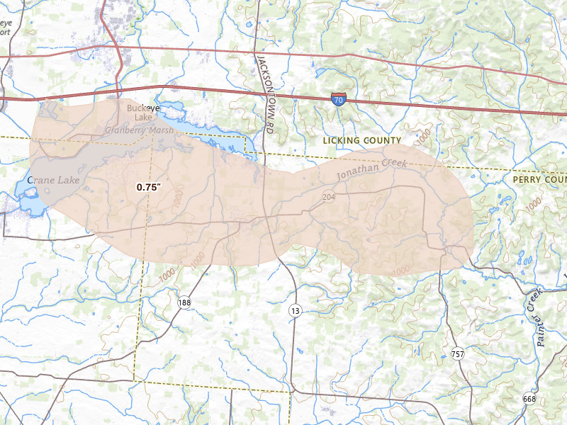 Radar-estimated hail-size map of the storm over Thornville, OH on Sep 4, 2026