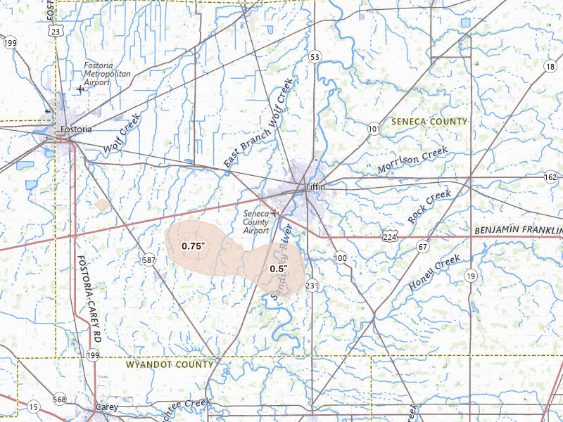 Radar-estimated hail-size map of the storm over Tiffin, OH on Jul 18, 2026