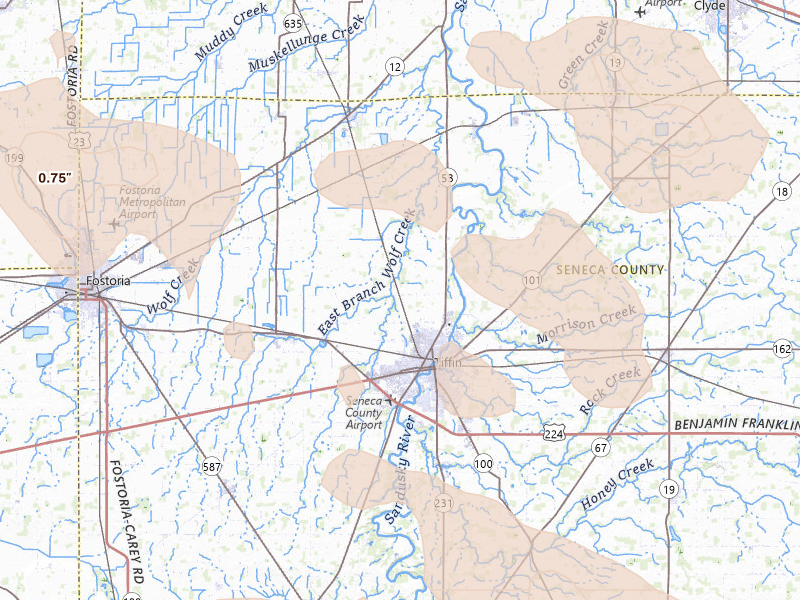 Radar-estimated hail-size map of the storm over Tiffin, OH on Aug 10, 2026