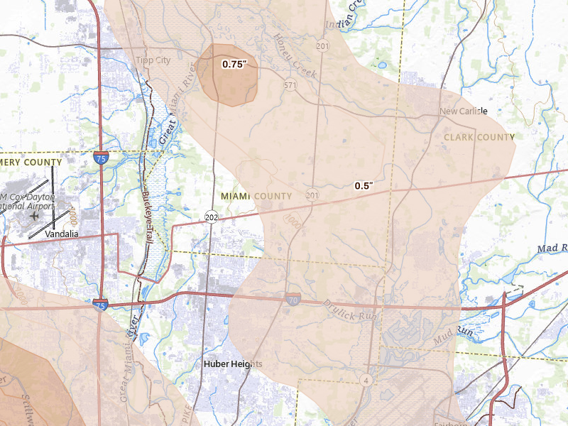 Radar-estimated hail-size map of the storm over Tipp City, OH on Sep 4, 2026