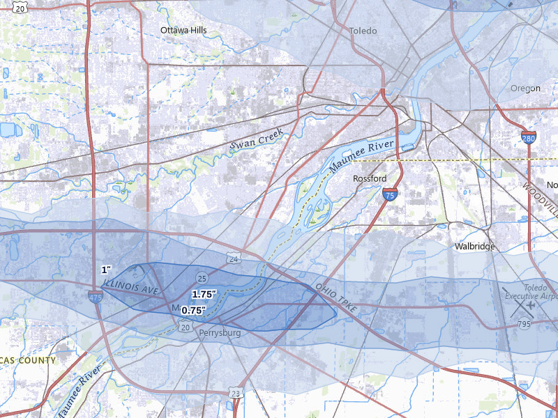 NEXRAD radar-signature map of the hail over Toledo, OH