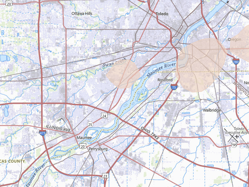 Radar-estimated hail-size map of the storm over Toledo, OH on Jul 20, 2026