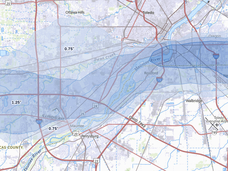 NEXRAD radar-signature map of the hail storm over Toledo, OH on Jul 20, 2026