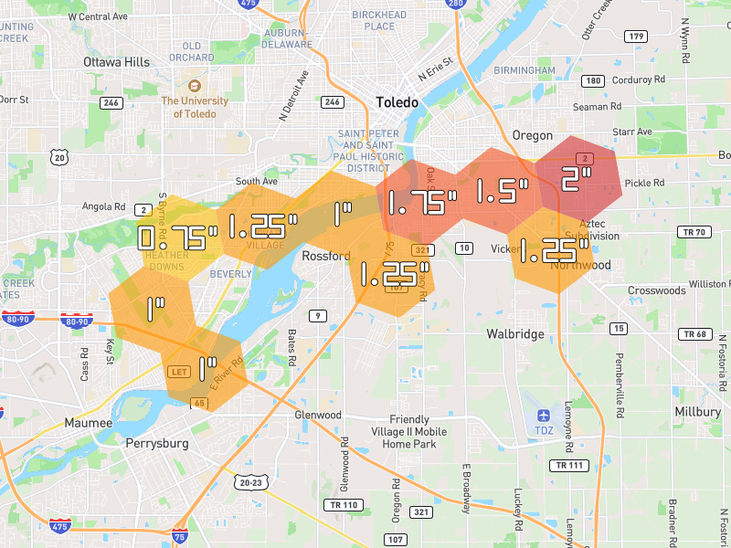 Hail map of Toledo, OH on Jul 21, 2026, hail up to 2"