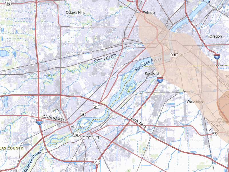 Radar-estimated hail-size map of the storm over Toledo, OH on Jul 27, 2026
