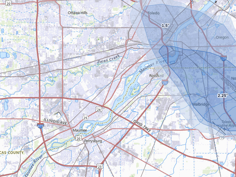 NEXRAD radar-signature map of the hail storm over Toledo, OH on Jul 27, 2026