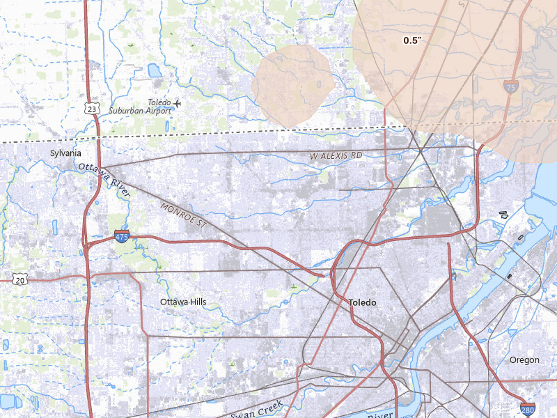 Radar-estimated hail-size map of the storm over Toledo, OH on Aug 9, 2026