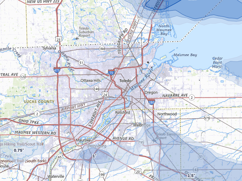 NEXRAD radar-signature map of the hail storm over Toledo, OH on Aug 9, 2026