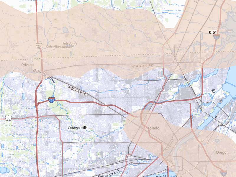 Radar-estimated hail-size map of the storm over Toledo, OH on Aug 10, 2026