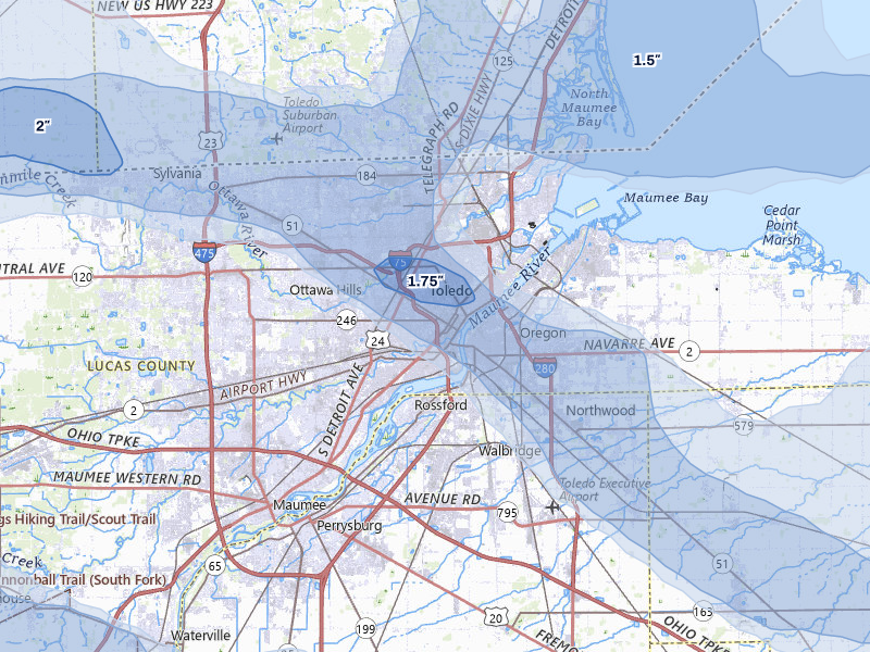 NEXRAD radar-signature map of the hail storm over Toledo, OH on Aug 10, 2026