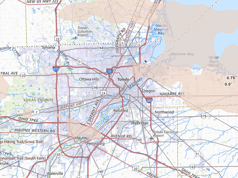 Radar-estimated hail-size map of the storm over Toledo, OH on Sep 3, 2026