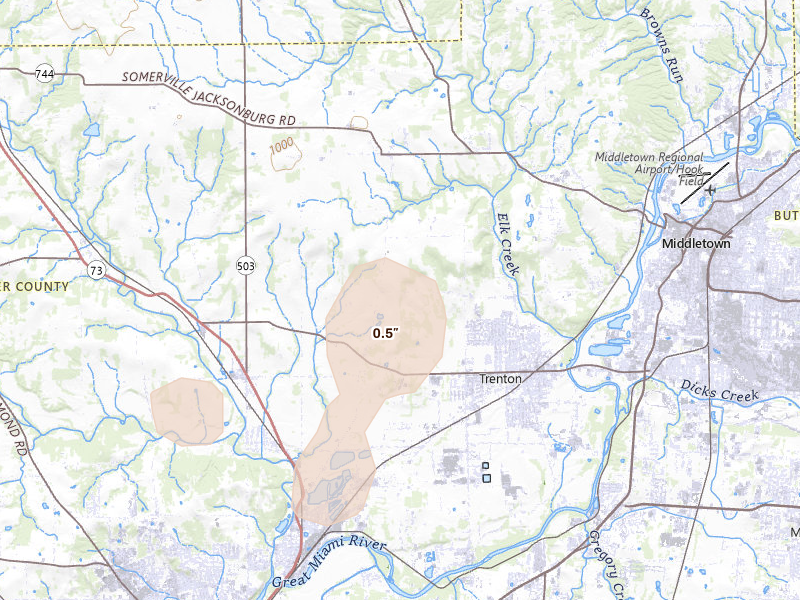Radar-estimated hail-size map of the storm over Trenton, OH on May 19, 2026