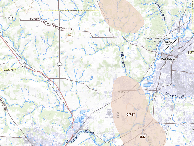 Radar-estimated hail-size map of the storm over Trenton, OH on Jul 27, 2026