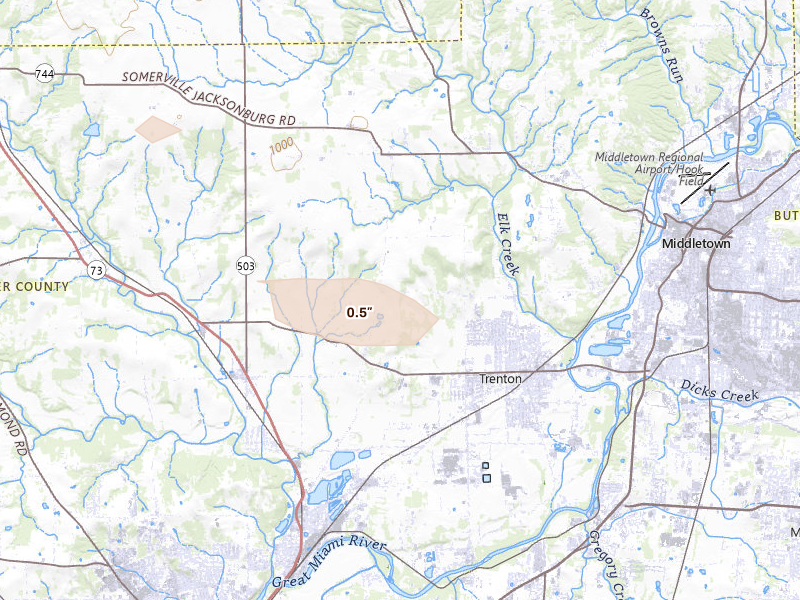 Radar-estimated hail-size map of the storm over Trenton, OH on Aug 8, 2026