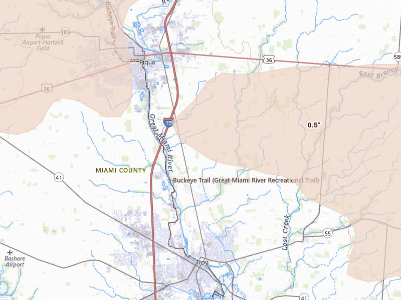 Radar-estimated hail-size map of the storm over Troy, OH on Mar 22, 2026