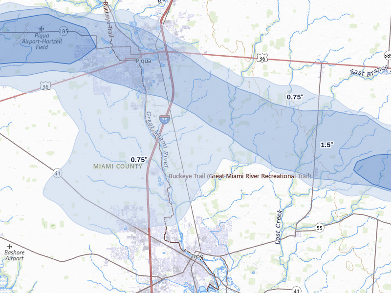 NEXRAD radar-signature map of the hail storm over Troy, OH on Mar 22, 2026