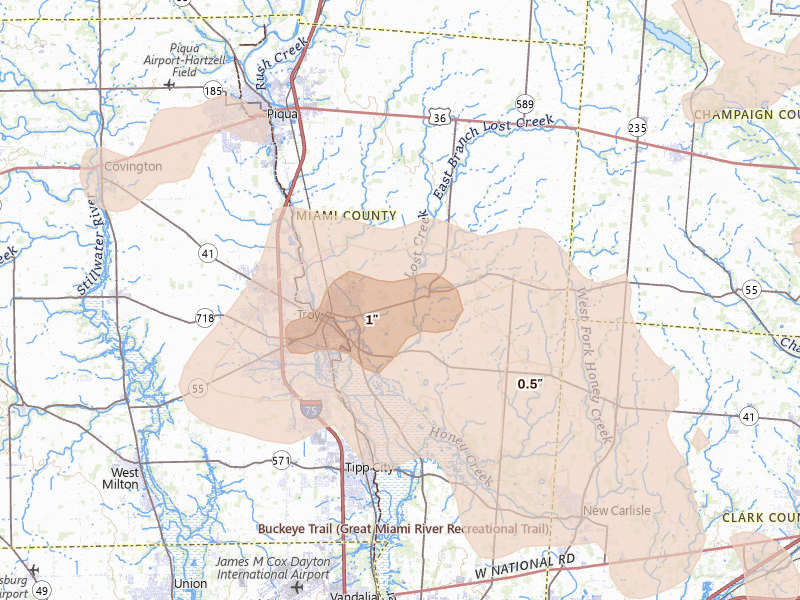 Radar-estimated hail-size map of the storm over Troy, OH on Aug 11, 2026
