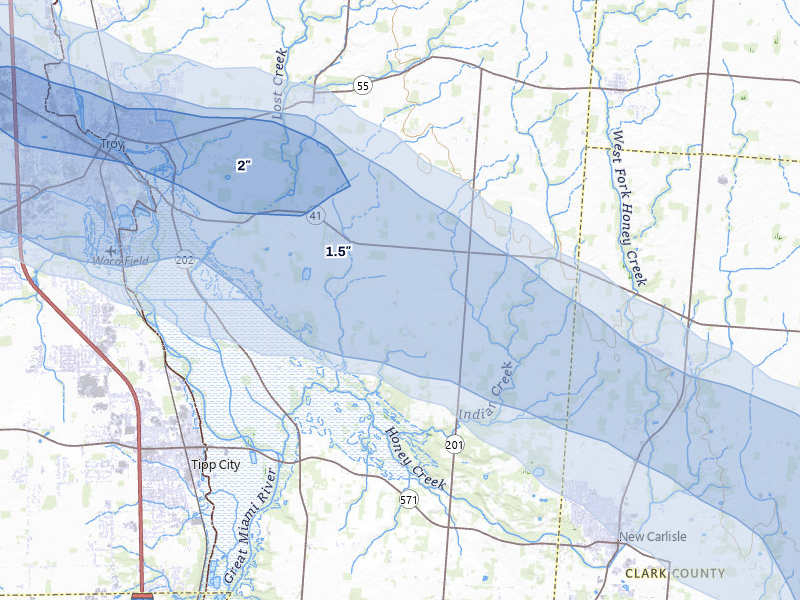 NEXRAD radar-signature map of the hail storm over Troy, OH on Aug 11, 2026