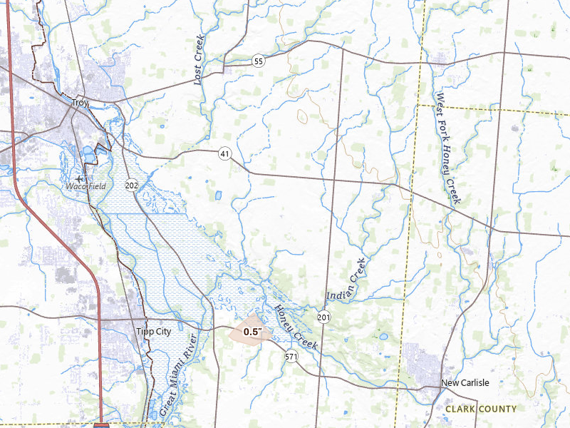 Radar-estimated hail-size map of the storm over Troy, OH on Aug 22, 2026