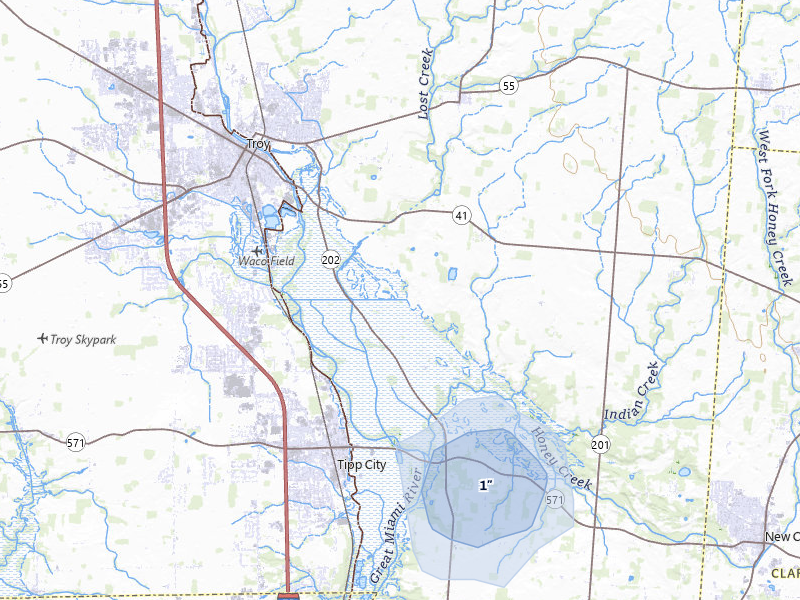 NEXRAD radar-signature map of the hail storm over Troy, OH on Aug 22, 2026