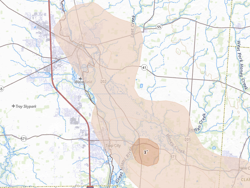 Radar-estimated hail-size map of the storm over Troy, OH