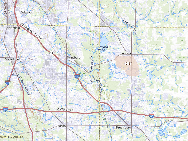 Radar-estimated hail-size map of the storm over Twinsburg, OH on May 4, 2026