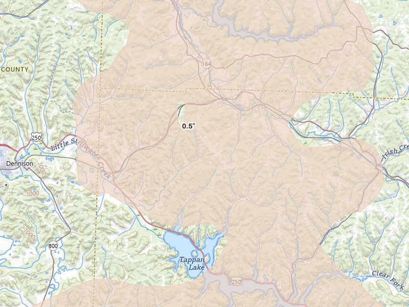 Radar-estimated hail-size map of the storm over Uhrichsville, OH on Aug 10, 2026