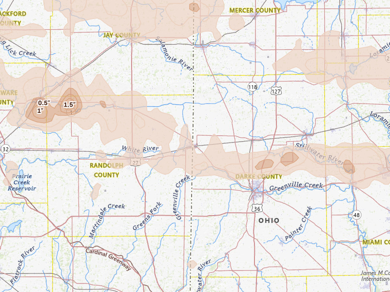 Radar-estimated hail-size map of the storm over Union City, OH on Mar 22, 2026