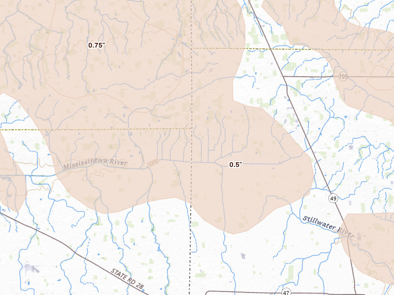 Radar-estimated hail-size map of the storm over Union City, OH on Aug 11, 2026