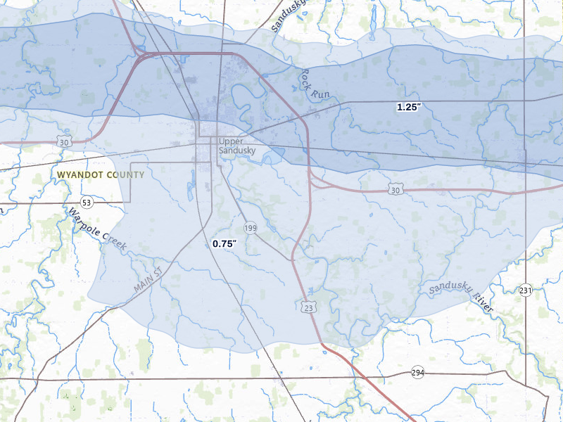 NEXRAD radar-signature map of the hail storm over Upper Sandusky, OH on Mar 22, 2026