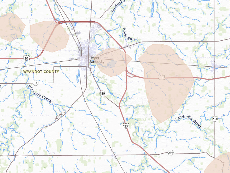 Radar-estimated hail-size map of the storm over Upper Sandusky, OH on Mar 26, 2026