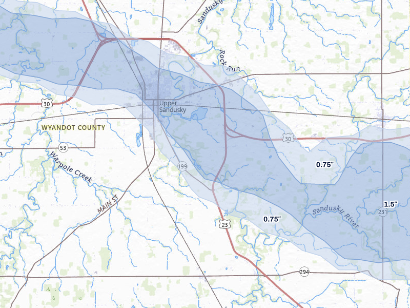 NEXRAD radar-signature map of the hail over Upper Sandusky, OH