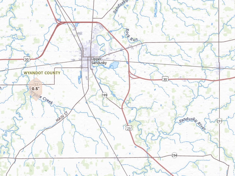Radar-estimated hail-size map of the storm over Upper Sandusky, OH on Jul 22, 2026