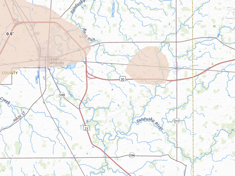 Radar-estimated hail-size map of the storm over Upper Sandusky, OH on Aug 10, 2026