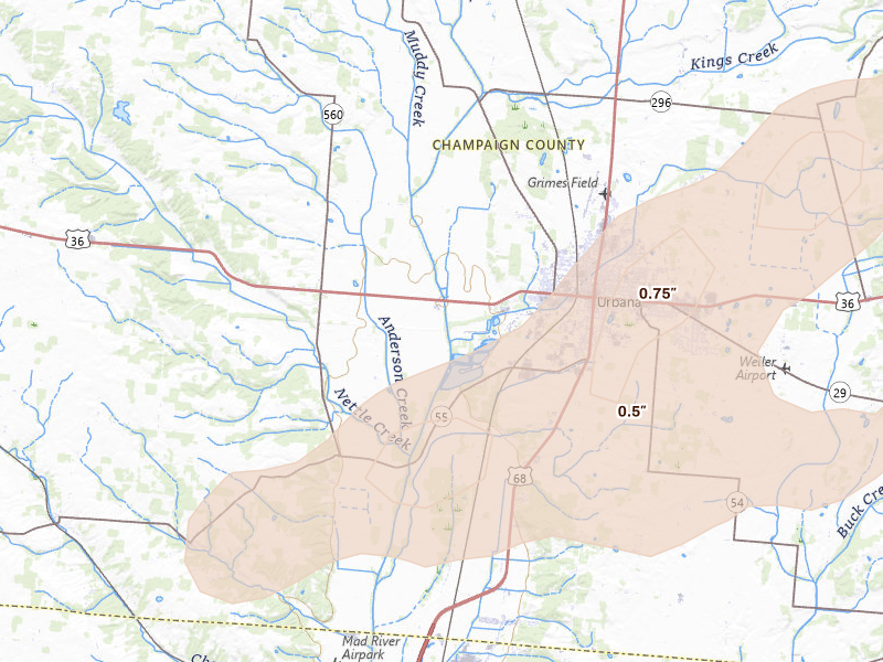 Radar-estimated hail-size map of the storm over Urbana, OH on May 16, 2026