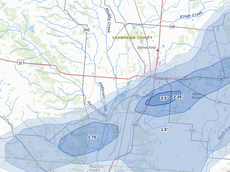 NEXRAD radar-signature map of the hail storm over Urbana, OH on May 16, 2026
