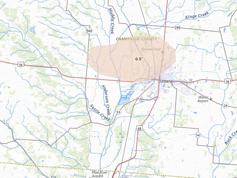 Radar-estimated hail-size map of the storm over Urbana, OH on Jun 6, 2026