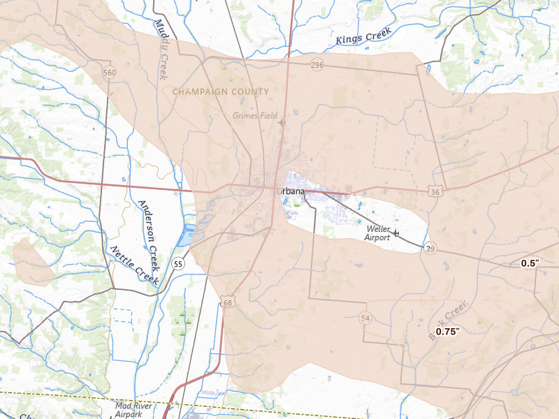 Radar-estimated hail-size map of the storm over Urbana, OH on Aug 11, 2026
