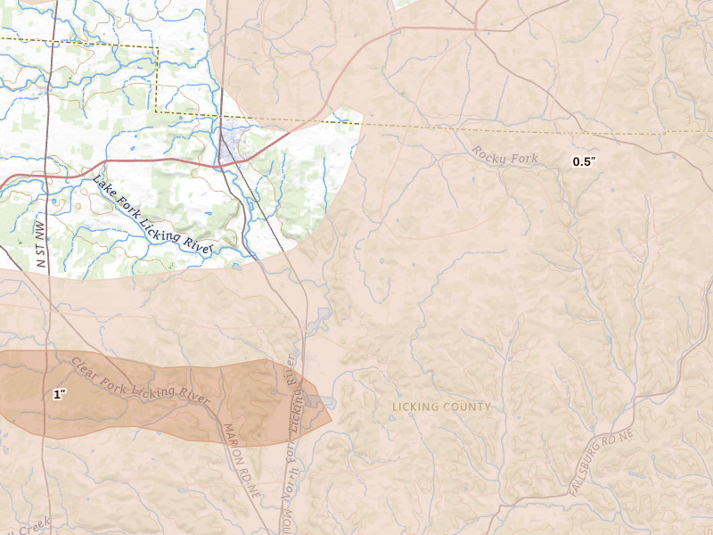 Radar-estimated hail-size map of the storm over Utica, OH on Mar 22, 2026