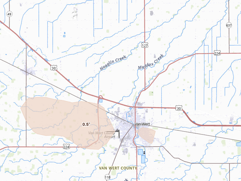 Radar-estimated hail-size map of the storm over Van Wert, OH on Jun 6, 2026