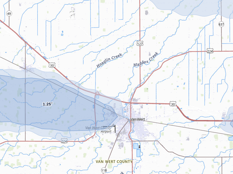 NEXRAD radar-signature map of the hail over Van Wert, OH