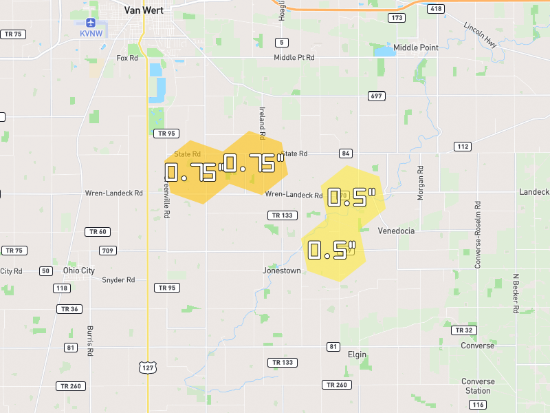 Hail map of Van Wert, OH on Jul 3, 2026, hail up to 0.75"
