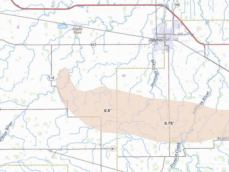 Radar-estimated hail-size map of the storm over Venedocia, OH on Apr 3, 2026