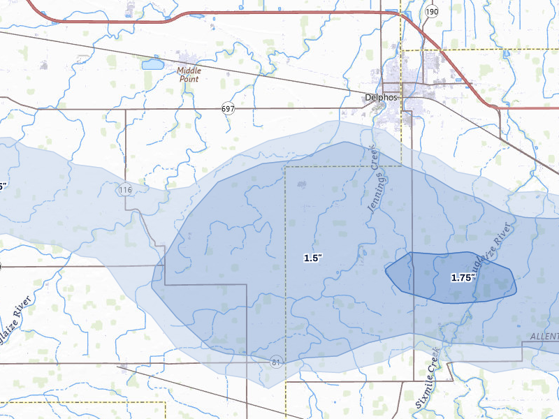 NEXRAD radar-signature map of the hail over Venedocia, OH