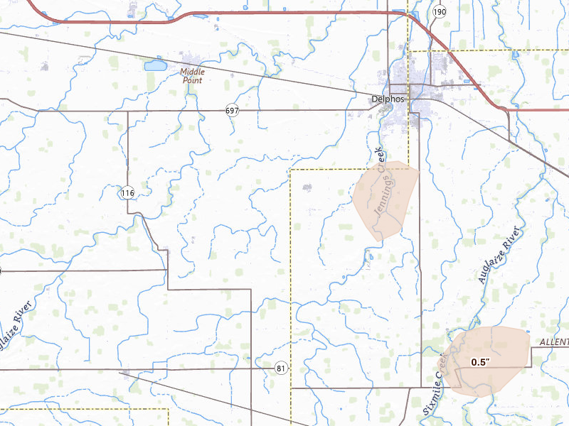 Radar-estimated hail-size map of the storm over Venedocia, OH on Jul 3, 2026